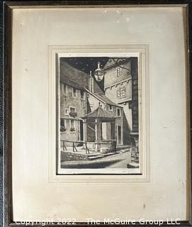 Framed Under Glass Engraving of German Black & White Street Scene.  Reads in lower margin  "Orig. Pad  H. Frerez" ?