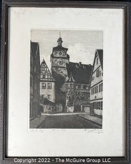 Framed Streetscape engraving in Black and White. Possibly German. Writing on lower margin.  Image measures 8 x 10.5. With frame, 13.5 x 17.5"