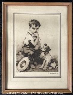 Framed Under Glass Black and White Print Entiteld "The Thinker" Signed by Artist J. Knowles Hare. 9 1/2"x 13".