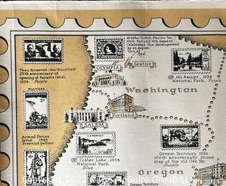 The Pictorial Map of U.S. Stamps. Designed, drawn and published by Ernest Dudley Chase. Winchester, MA. Measures 21 x 36"