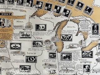 The Pictorial Map of U.S. Stamps. Designed, drawn and published by Ernest Dudley Chase. Winchester, MA. Measures 21 x 36"