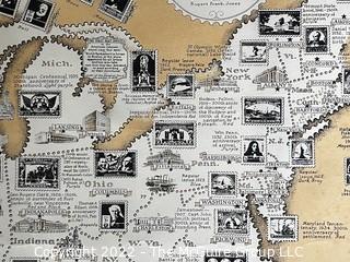 The Pictorial Map of U.S. Stamps. Designed, drawn and published by Ernest Dudley Chase. Winchester, MA. Measures 21 x 36"