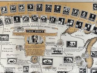 The Pictorial Map of U.S. Stamps. Designed, drawn and published by Ernest Dudley Chase. Winchester, MA. Measures 21 x 36"