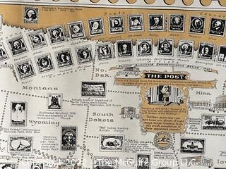 The Pictorial Map of U.S. Stamps. Designed, drawn and published by Ernest Dudley Chase. Winchester, MA. Measures 21 x 36"