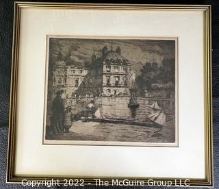 Black and White Engraving of European Chateau, pencil signed Thomas R. Congdon.  Measures 14 x 15" outside.