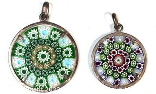 Two (2) Vintage Millefiori Murano Glass Pendants with Sterling Silver Surround 