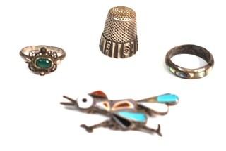 Four (4) Sterling Items Including Road Runner Brooch with Inlaid Stones, Rings and Thimble.