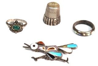 Four (4) Sterling Items Including Road Runner Brooch with Inlaid Stones, Rings and Thimble.