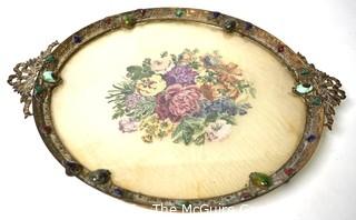 Vintage Glass Tray with Embroidery Center and Brass Surround with Inlaid Stones Made by Empire Art Gold. 15" diameter