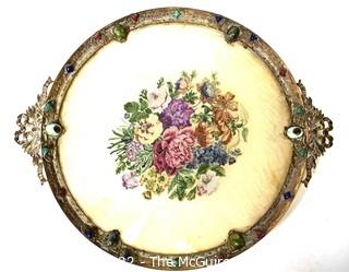 Vintage Glass Tray with Embroidery Center and Brass Surround with Inlaid Stones Made by Empire Art Gold. 15" diameter