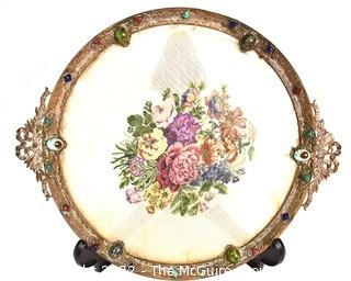 Vintage Glass Tray with Embroidery Center and Brass Surround with Inlaid Stones Made by Empire Art Gold. 15" diameter