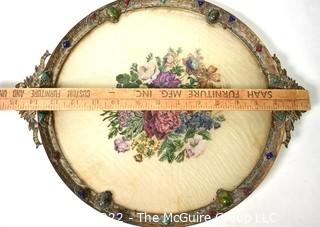 Vintage Glass Tray with Embroidery Center and Brass Surround with Inlaid Stones Made by Empire Art Gold. 15" diameter