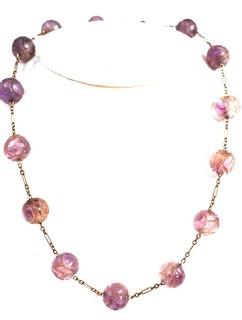 Victorian Carved Amethyst Bead Necklace with Gold Chain.  