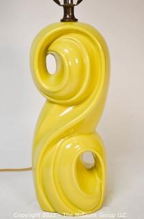 Mid Century Modern Yellow Flourish Ceramic Table Lamp, No Shade. 24" tall including harp.