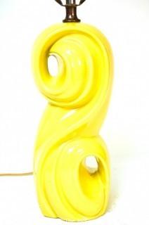 Mid Century Modern Yellow Flourish Ceramic Table Lamp, No Shade. 24" tall including harp.