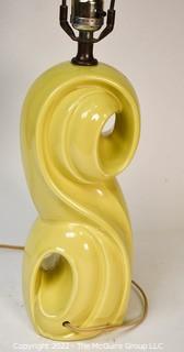 Mid Century Modern Yellow Flourish Ceramic Table Lamp, No Shade. 24" tall including harp.