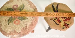 Two (2) Vintage Upholstered Stools in Needlepoint and Hooked Rug. 