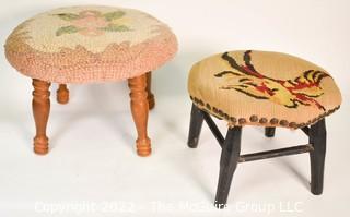 Two (2) Vintage Upholstered Stools in Needlepoint and Hooked Rug. 