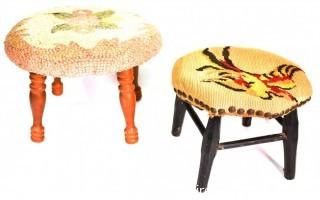 Two (2) Vintage Upholstered Stools in Needlepoint and Hooked Rug. 