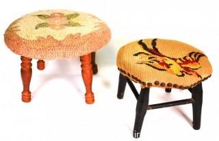 Two (2) Vintage Upholstered Stools in Needlepoint and Hooked Rug. 