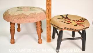 Two (2) Vintage Upholstered Stools in Needlepoint and Hooked Rug. 