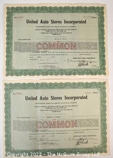 Two (2) United Auto Stores Inc. Stock Certificates 1921