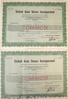 Two (2) United Auto Stores Inc. Stock Certificates 1921