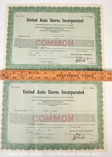 Two (2) United Auto Stores Inc. Stock Certificates 1921