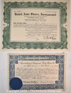 Two (2) Vintage Union 1921 & Auto Stores, Association of Army and Navy Stores, 1919 Stock Certificate