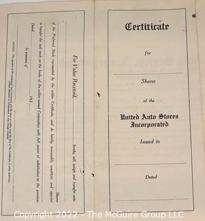 Two (2) Vintage Union 1921 & Auto Stores, Association of Army and Navy Stores, 1919 Stock Certificate