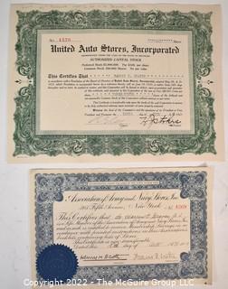 Two (2) Vintage Union 1921 & Auto Stores, Association of Army and Navy Stores, 1919 Stock Certificate