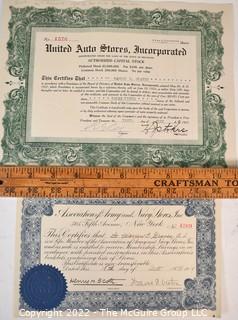 Two (2) Vintage Union 1921 & Auto Stores, Association of Army and Navy Stores, 1919 Stock Certificate