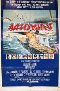 Original 1976 Movie Poster for Midway Staring Charlton Heston, James Coburn & Henry Fonda.  Tear with loss paper on side.