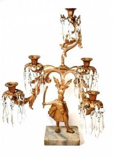 18th Century Five (5) Light Candleabra Girandole on Marble with Crystal Prisms.