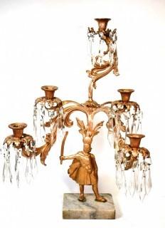 18th Century Five (5) Light Candleabra Girandole on Marble with Crystal Prisms.