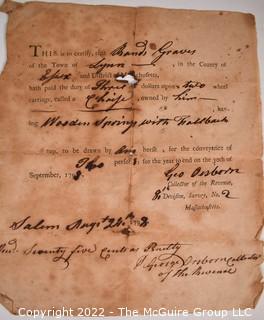 Historic Document: May 22nd, 1798 receipt for payment of taxes on the purchase of a one horse-drawn chaise buggy by Samuel Graves of Lynn, MA.  Signature of tax collector George Osborn, Salem MA