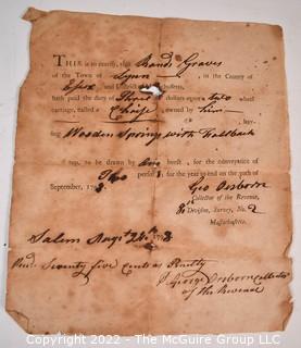 Historic Document: May 22nd, 1798 receipt for payment of taxes on the purchase of a one horse-drawn chaise buggy by Samuel Graves of Lynn, MA.  Signature of tax collector George Osborn, Salem MA