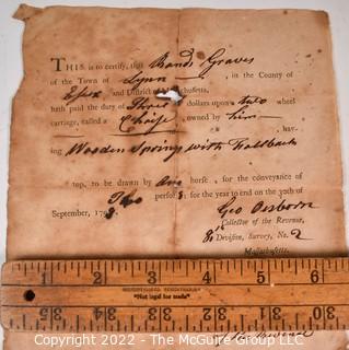 Historic Document: May 22nd, 1798 receipt for payment of taxes on the purchase of a one horse-drawn chaise buggy by Samuel Graves of Lynn, MA.  Signature of tax collector George Osborn, Salem MA