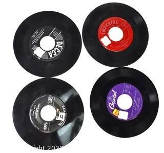 Collection of Vintage 45 Vinyl Records Including Nat King Cole, Four Aces, Fats Domino and Elvis Presley