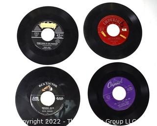 Collection of Vintage 45 Vinyl Records Including Nat King Cole, Four Aces, Fats Domino and Elvis Presley