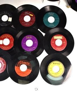 Collection of Vintage 45 Vinyl Records Including Nat King Cole, Four Aces, Fats Domino and Elvis Presley