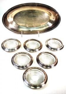 Silver Plate Tray and Steling Silver with Crystal Coasters. 