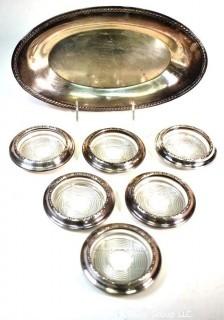 Silver Plate Tray and Steling Silver with Crystal Coasters. 