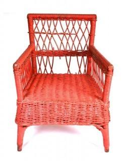 Vintage Red Painted Childs Wicker Chair.  Some damage to back. 