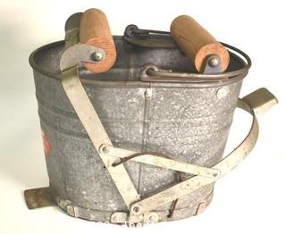 Vintage White Galvanized Mop Bucket with Handle and Wooden Wringer Foot.