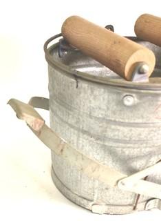 Vintage White Galvanized Mop Bucket with Handle and Wooden Wringer Foot.