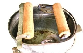 Vintage White Galvanized Mop Bucket with Handle and Wooden Wringer Foot.