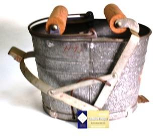 Vintage White Galvanized Mop Bucket with Handle and Wooden Wringer Foot.