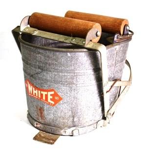 Vintage White Galvanized Mop Bucket with Handle and Wooden Wringer Foot.