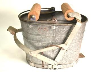 Vintage White Galvanized Mop Bucket with Handle and Wooden Wringer Foot.